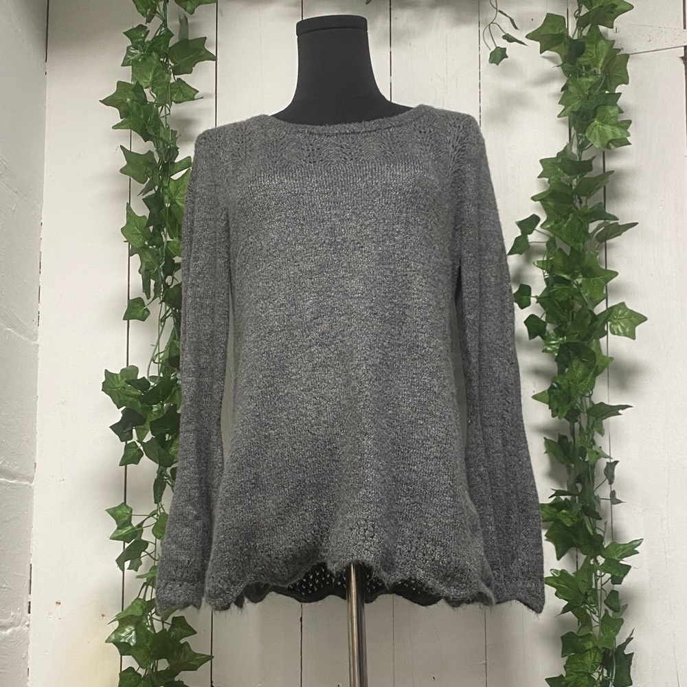 LC Lauren Conrad Scalloped Hemmed, Bell Sleeve and Ribbon Back Charcoal Sweater